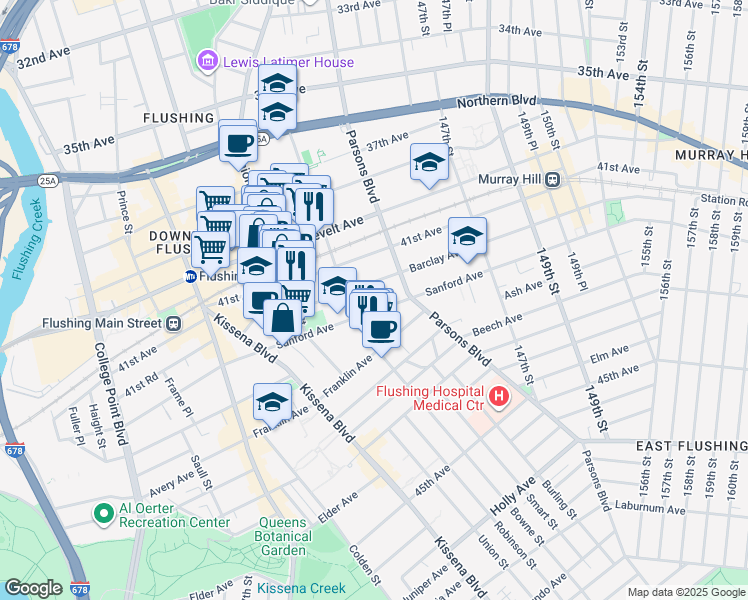 map of restaurants, bars, coffee shops, grocery stores, and more near 143-29 Barclay Avenue in Queens