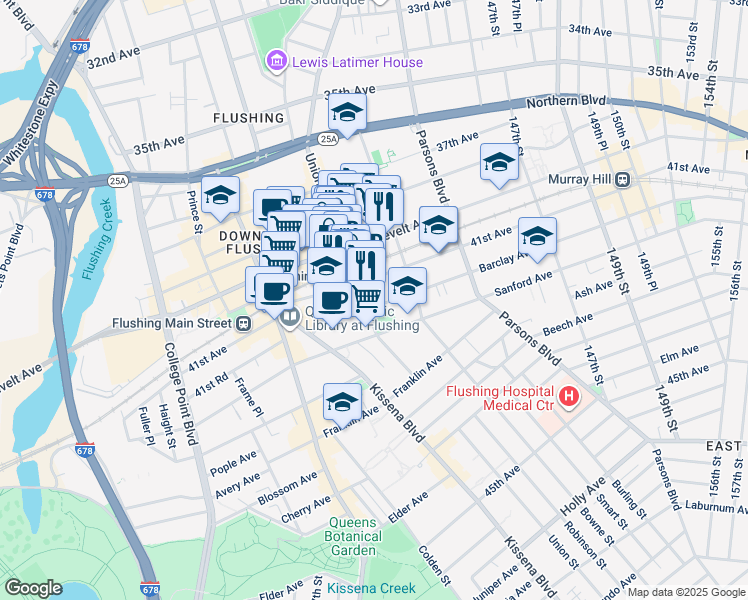 map of restaurants, bars, coffee shops, grocery stores, and more near 142-1 41st Avenue in Queens