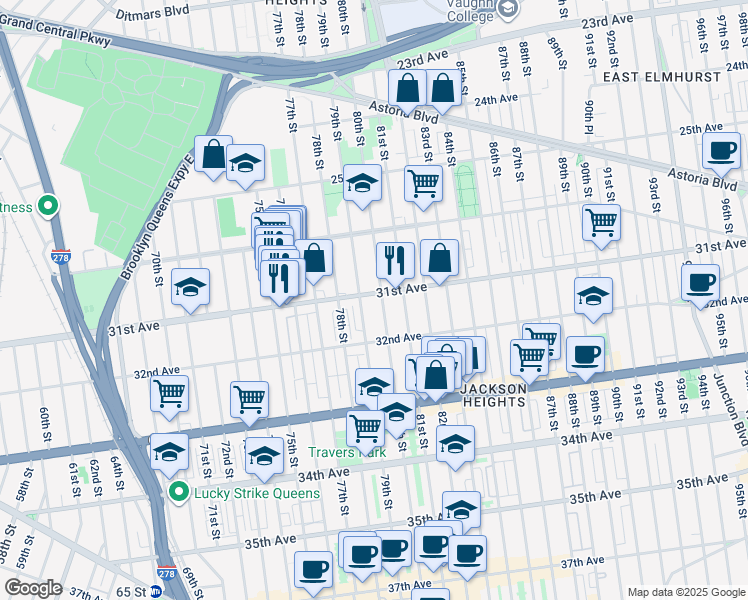 map of restaurants, bars, coffee shops, grocery stores, and more near 30-49 79th Street in Queens
