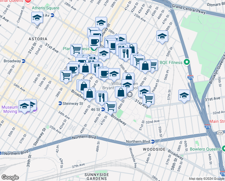 map of restaurants, bars, coffee shops, grocery stores, and more near 45-11 31st Avenue in Queens