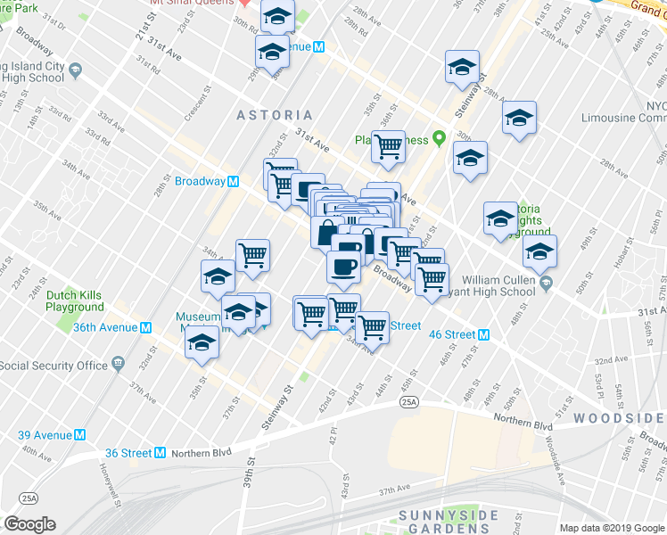 map of restaurants, bars, coffee shops, grocery stores, and more near 37-15 Broadway in Queens