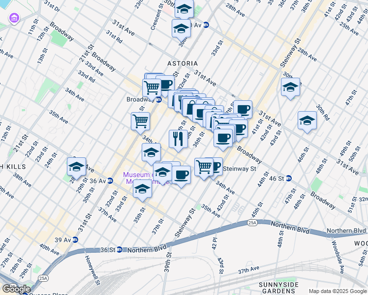 map of restaurants, bars, coffee shops, grocery stores, and more near 32-40 35th Street in Queens