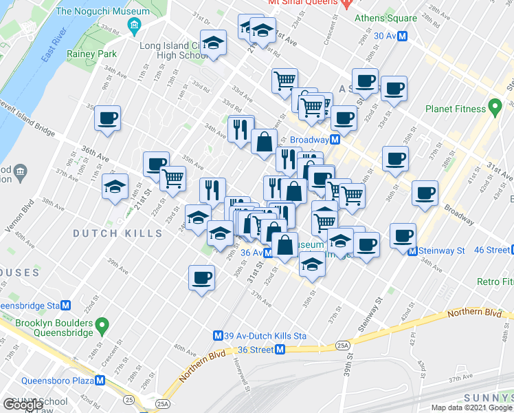 map of restaurants, bars, coffee shops, grocery stores, and more near 3449 28th Street in Queens