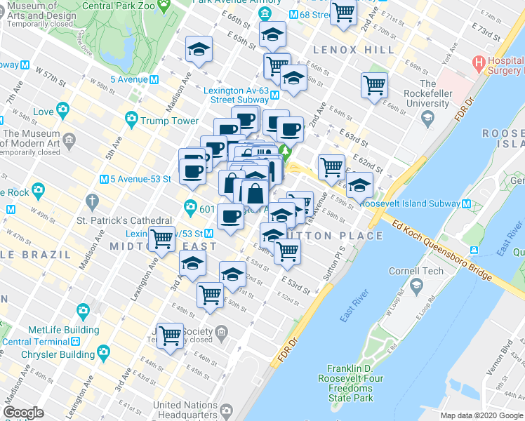 map of restaurants, bars, coffee shops, grocery stores, and more near 220 East 56th Street in New York