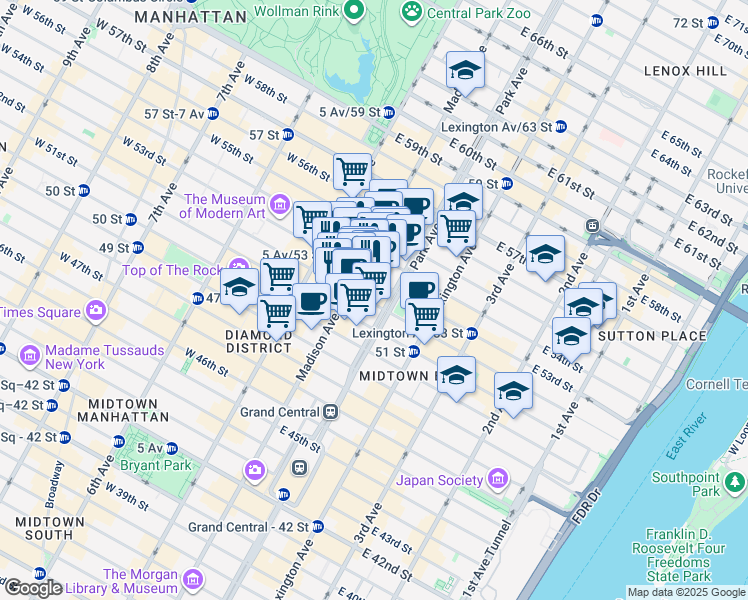 map of restaurants, bars, coffee shops, grocery stores, and more near 509 Madison Avenue in New York