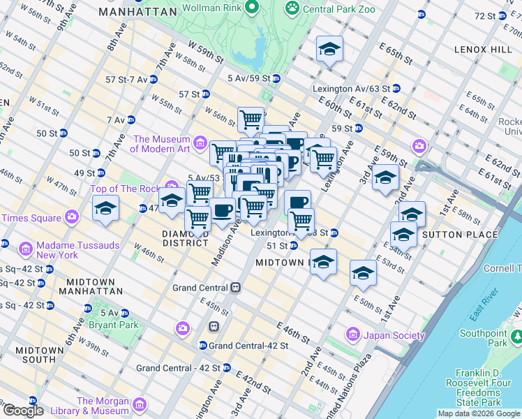 map of restaurants, bars, coffee shops, grocery stores, and more near 44 East 54th Street in New York