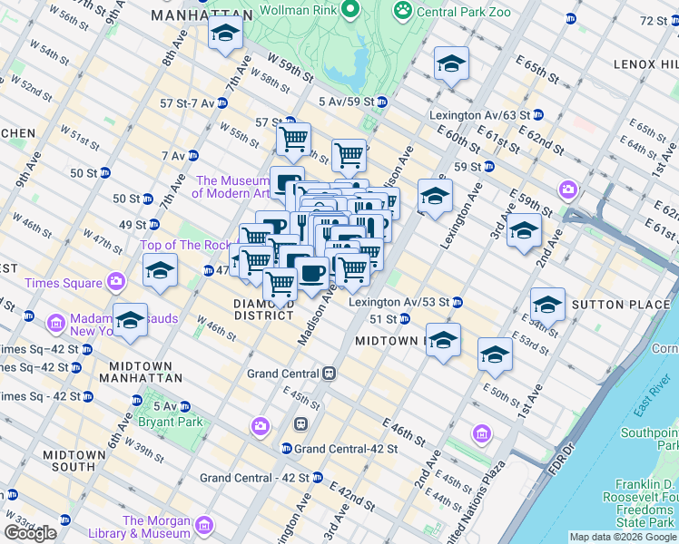 map of restaurants, bars, coffee shops, grocery stores, and more near 7 East 52nd Street in New York