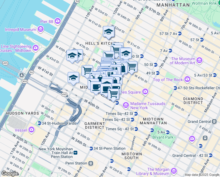 map of restaurants, bars, coffee shops, grocery stores, and more near in New York