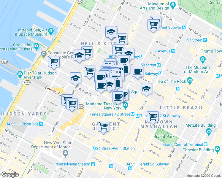 map of restaurants, bars, coffee shops, grocery stores, and more near in New York
