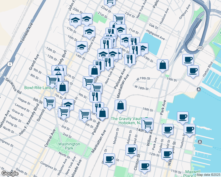 map of restaurants, bars, coffee shops, grocery stores, and more near 319 13th Street in Union City