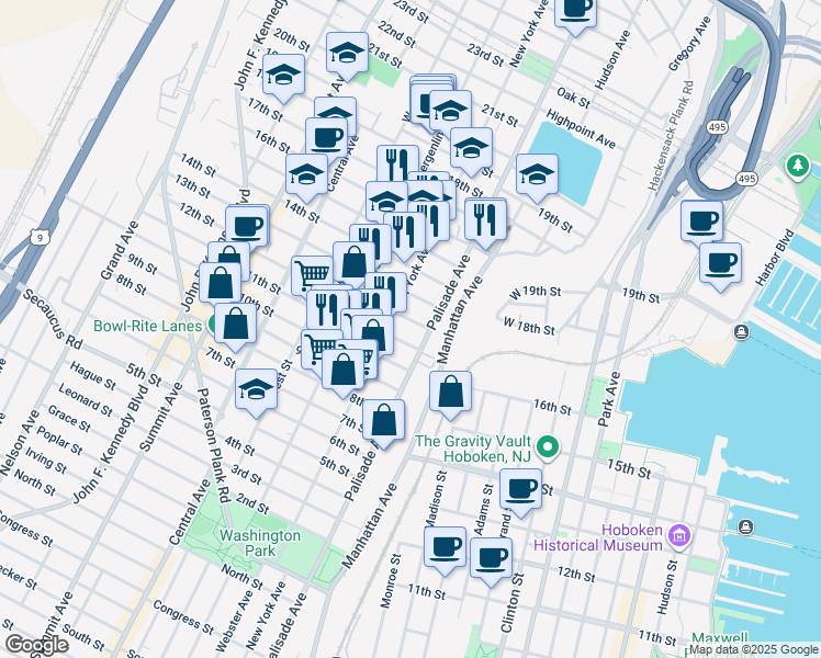 map of restaurants, bars, coffee shops, grocery stores, and more near 319 13th Street in Union City