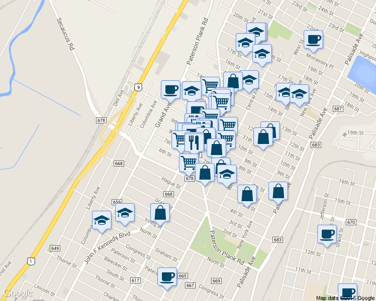 map of restaurants, bars, coffee shops, grocery stores, and more near 725 John F Kennedy Blvd W in North Bergen