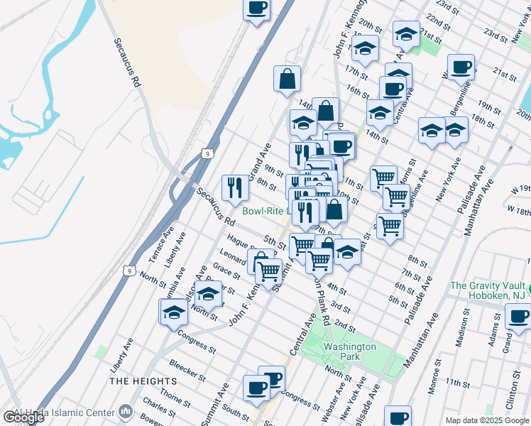 map of restaurants, bars, coffee shops, grocery stores, and more near 1212 7th Street in North Bergen