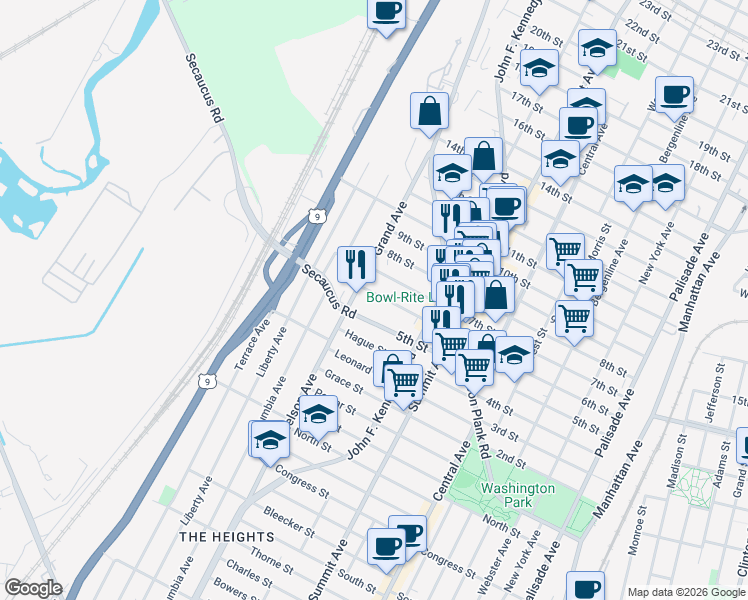 map of restaurants, bars, coffee shops, grocery stores, and more near 1407 7th Street in North Bergen