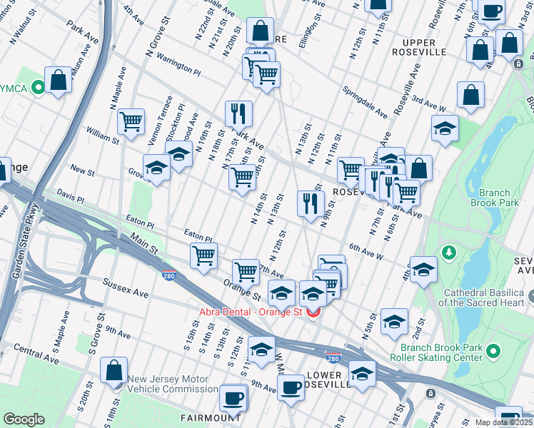 map of restaurants, bars, coffee shops, grocery stores, and more near 104 North 13th Street in Newark