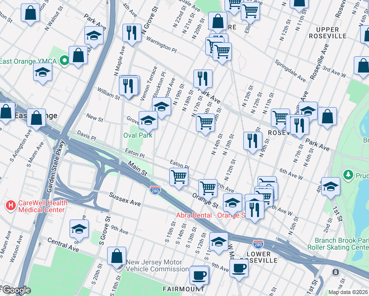 map of restaurants, bars, coffee shops, grocery stores, and more near 47 North 16th Street in East Orange
