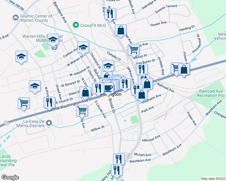 map of restaurants, bars, coffee shops, grocery stores, and more near 25 East Church Street in Washington