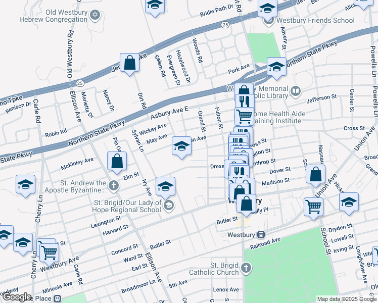 map of restaurants, bars, coffee shops, grocery stores, and more near 49 Lewis Avenue in Westbury