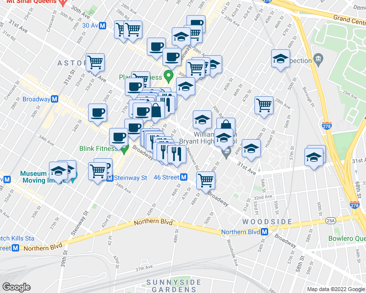 map of restaurants, bars, coffee shops, grocery stores, and more near 31-09 44th Street in Queens