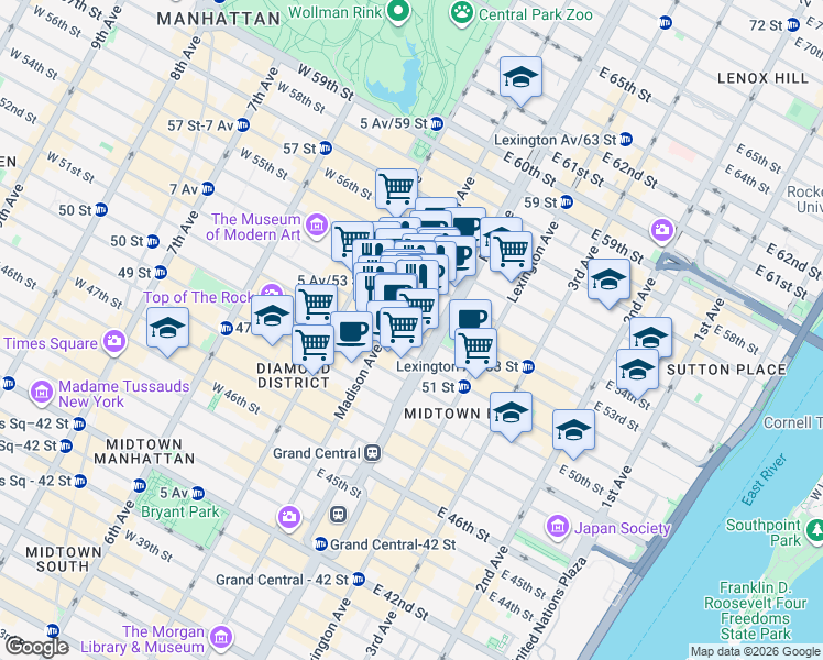 map of restaurants, bars, coffee shops, grocery stores, and more near 55 East 52nd Street in New York