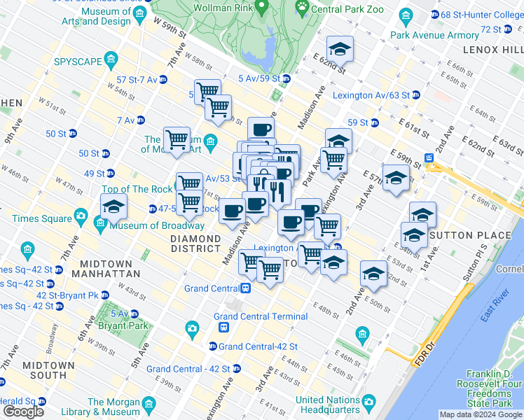 map of restaurants, bars, coffee shops, grocery stores, and more near 485 Madison Avenue in New York