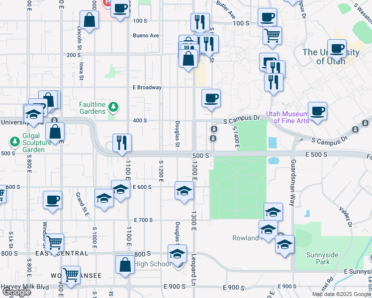 map of restaurants, bars, coffee shops, grocery stores, and more near 441 Douglas Street in Salt Lake City