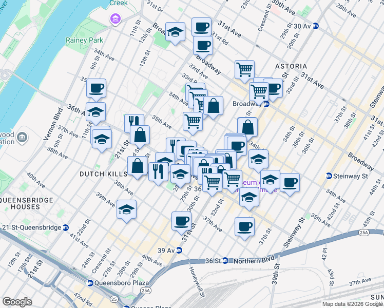 map of restaurants, bars, coffee shops, grocery stores, and more near 35-03 Crescent Street in Queens