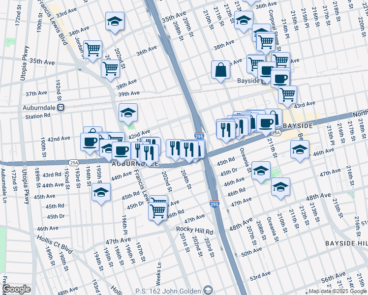 map of restaurants, bars, coffee shops, grocery stores, and more near 204-6 43rd Avenue in Queens