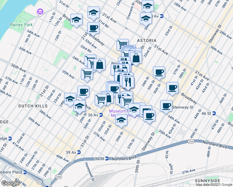 map of restaurants, bars, coffee shops, grocery stores, and more near in Queens