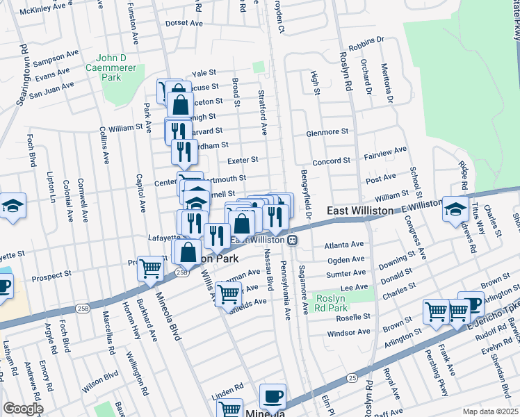map of restaurants, bars, coffee shops, grocery stores, and more near 20 Brown Street in Williston Park
