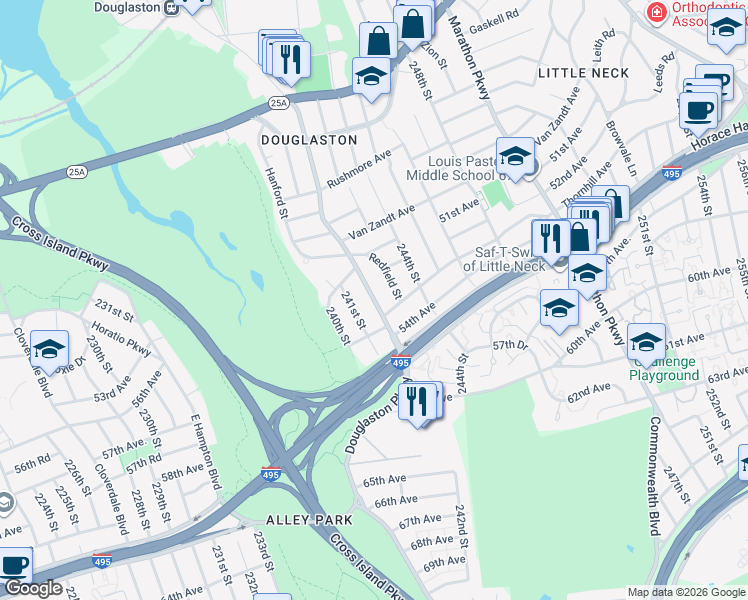 map of restaurants, bars, coffee shops, grocery stores, and more near Douglaston Parkway in Queens