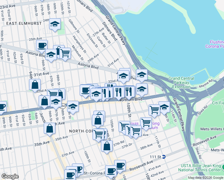 map of restaurants, bars, coffee shops, grocery stores, and more near 3209 106th Street in Queens