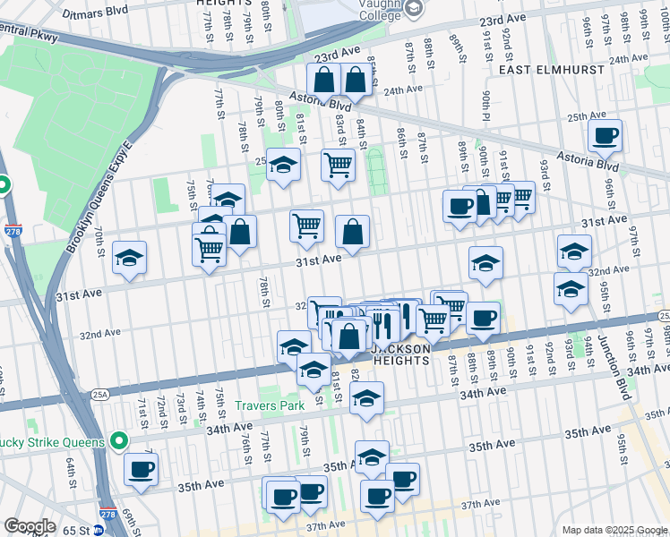 map of restaurants, bars, coffee shops, grocery stores, and more near 31-10 82nd Street in Queens