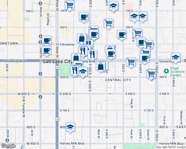 map of restaurants, bars, coffee shops, grocery stores, and more near 475 300 East in Salt Lake City