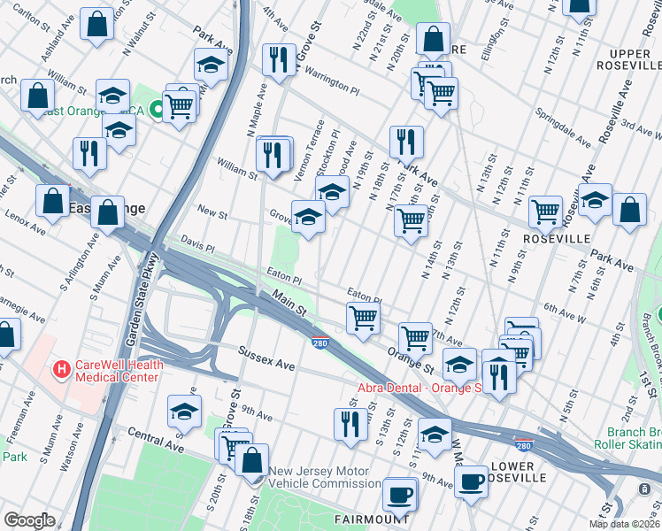 map of restaurants, bars, coffee shops, grocery stores, and more near 1 Fellowship Cir in East Orange