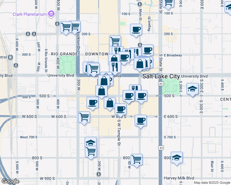 map of restaurants, bars, coffee shops, grocery stores, and more near 441 South West Temple Street in Salt Lake City