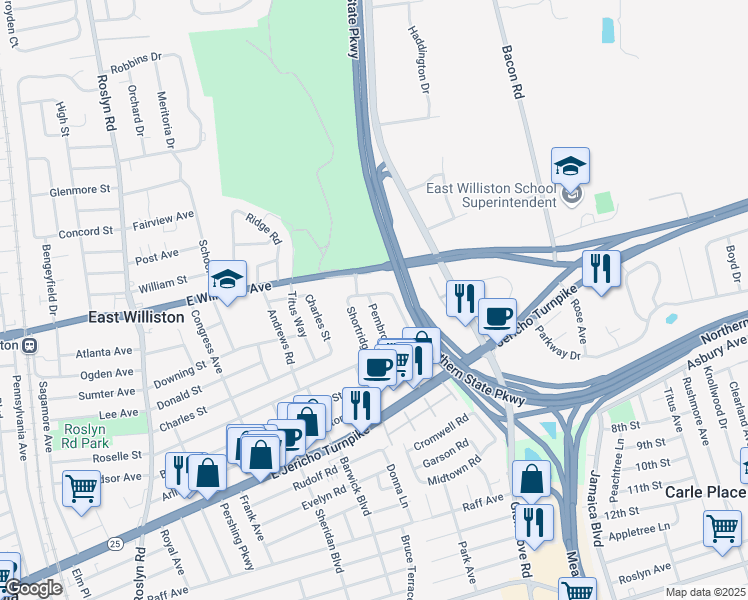 map of restaurants, bars, coffee shops, grocery stores, and more near 72 Pembrook Drive in Mineola