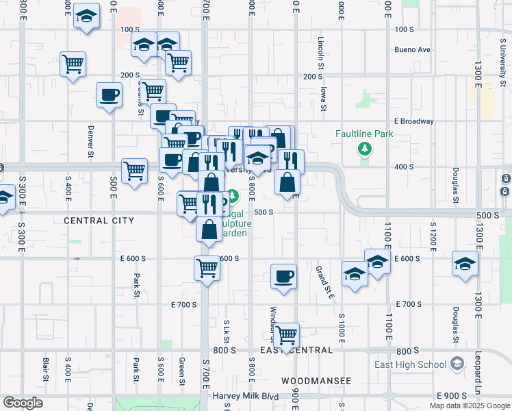 map of restaurants, bars, coffee shops, grocery stores, and more near 807 South 500 East in Salt Lake City