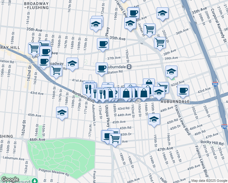 map of restaurants, bars, coffee shops, grocery stores, and more near 188-15 42nd Avenue in Queens