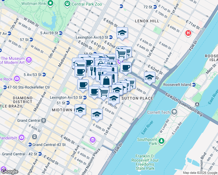 map of restaurants, bars, coffee shops, grocery stores, and more near 220 East 56th Street in New York