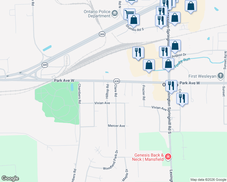 map of restaurants, bars, coffee shops, grocery stores, and more near 1-65 Clare Rd in Ontario
