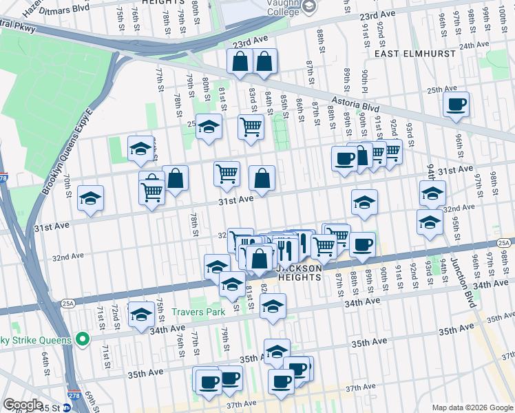 map of restaurants, bars, coffee shops, grocery stores, and more near 30-60 83rd Street in Queens