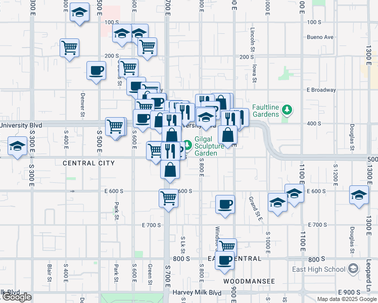map of restaurants, bars, coffee shops, grocery stores, and more near 753 East 500 South in Salt Lake City