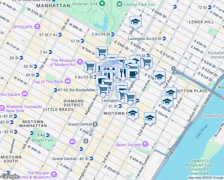 map of restaurants, bars, coffee shops, grocery stores, and more near 370 Park Avenue in New York