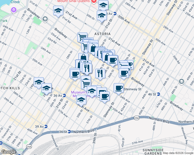 map of restaurants, bars, coffee shops, grocery stores, and more near 32-75 34th Street in Queens
