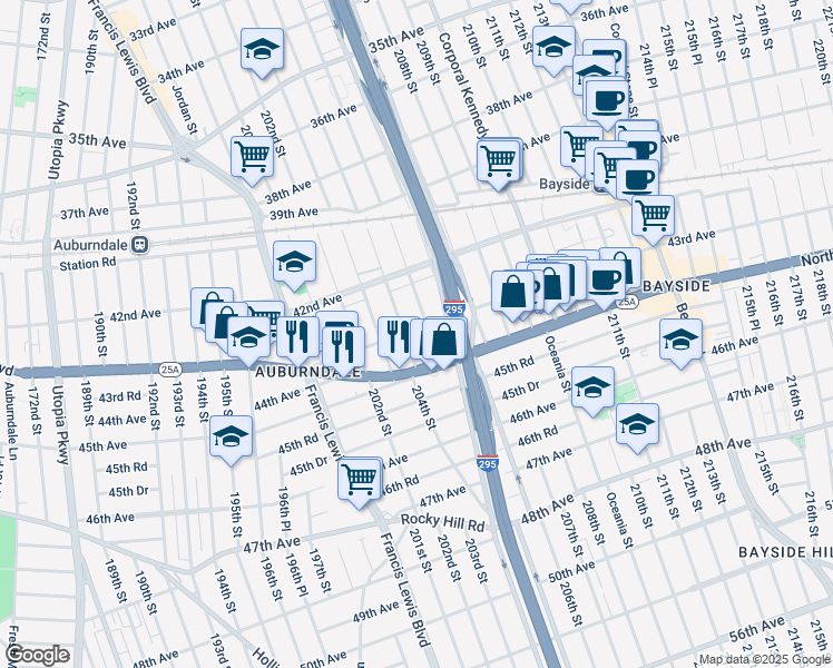 map of restaurants, bars, coffee shops, grocery stores, and more near 204-10 43rd Avenue in Queens