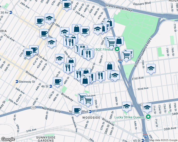 map of restaurants, bars, coffee shops, grocery stores, and more near 30-40 Hobart Street in Queens