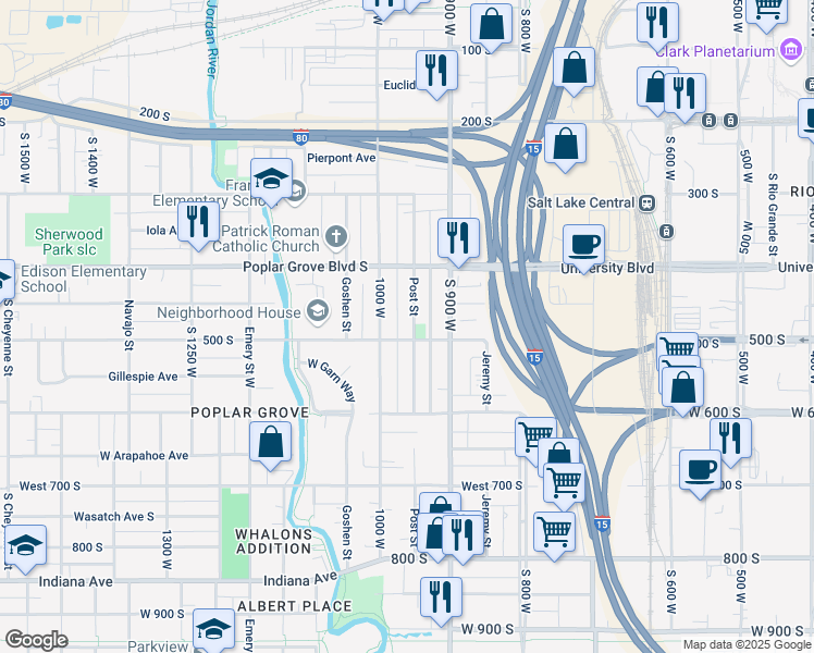 map of restaurants, bars, coffee shops, grocery stores, and more near 474 Post Street in Salt Lake City