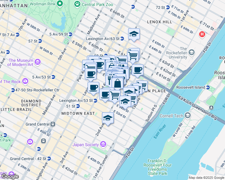 map of restaurants, bars, coffee shops, grocery stores, and more near 220 East 56th Street in New York