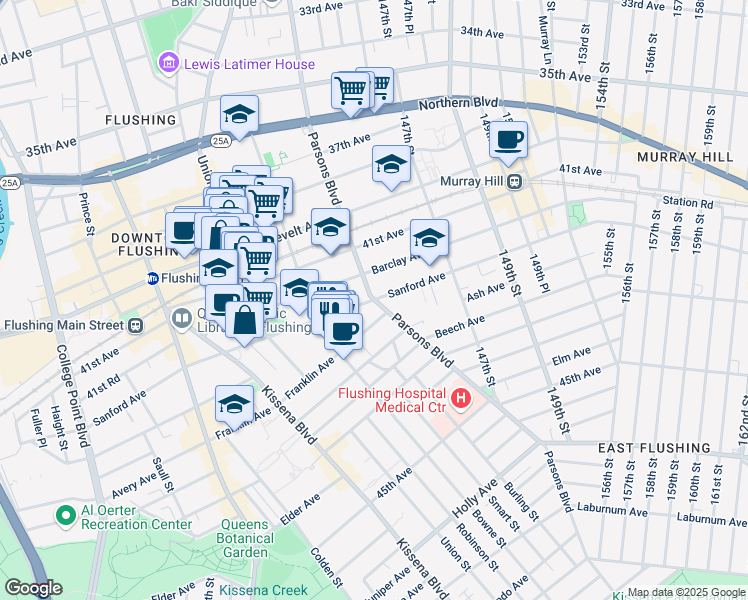 map of restaurants, bars, coffee shops, grocery stores, and more near Parsons Blvd & Sanford Ave in Queens